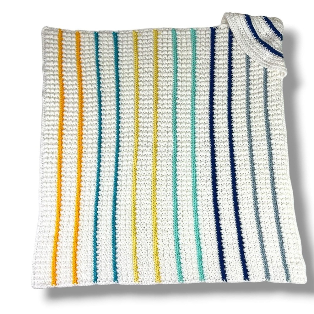 Handmade Crochet Hooded Baby Blanket 34x34 White w/ Multicolor Stripes New